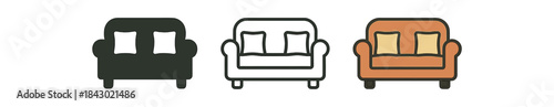 cozy home icons one flat solid monochrome one thin black outline black and white one full color flat icon simple sofa with cushions