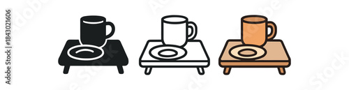 cozy home icons one flat solid monochrome one thin black outline black and white one full color flat icon breakfast tray with mug and plate