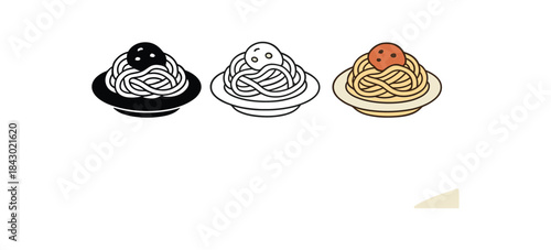 Flat vector illustration plates with pasta and simple sauce soft rounded silhouettes clean outline one black and white flat version one outline version one color version cozy kitchen style