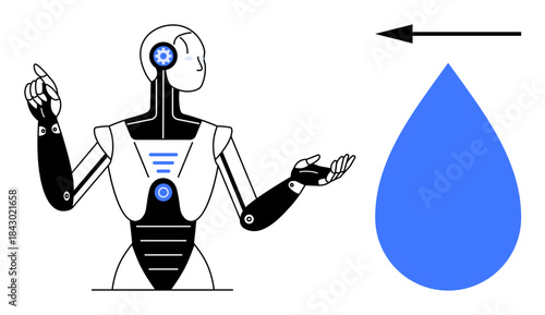 Automation concept. Automation ed by robot alongside a directional arrow and water drop icon. Automation transforming industries, improving workflows, and enhancing efficiency. For technology