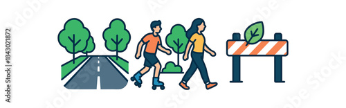 Flat vector illustration of carfree day: empty street with trees people skating/walking and barrier icon with leaf rounded shapes clean outline clean white background