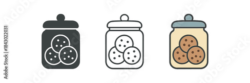 cozy home icons one flat solid monochrome one thin black outline black and white one full color flat icon jar with cookies