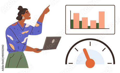 Woman holding a laptop pointing at data bar chart, alongside performance gauge. Ideal for data presentations, reports, business growth, analytics, statistics, productivity goals. Simple flat