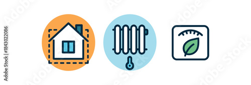 Flat vector illustration of cleaner heating: insulated house radiator with lower heat icon and thermostat with leaf symbol rounded shapes clean outline clean white background