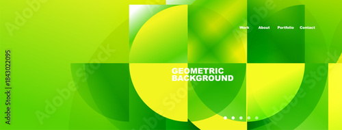 Bright green abstract design. Overlapping squares create circular forms. Text includes geometric background, plus navigation options. Simple, modern aesthetic.