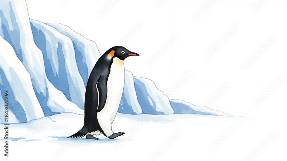 Obraz premium Watercolor emperor penguin walking on Antarctic ice for wildlife education and nature illustration 