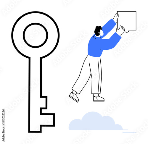 Key symbol. A person reaching for a speech bubble highlighting the concept of solutions and communication. Key concepts of problem-solving solutions. Perfect for teamwork tools, business success