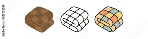 cozy home icons one flat solid monochrome one thin black outline black and white one full color flat icon folded quilt with simple pattern