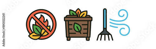 Flat vector illustration of antiburning leaves: leaf pile crossed by flame icon compost bin and rake with clean air waves rounded shapes clean outline clean white background