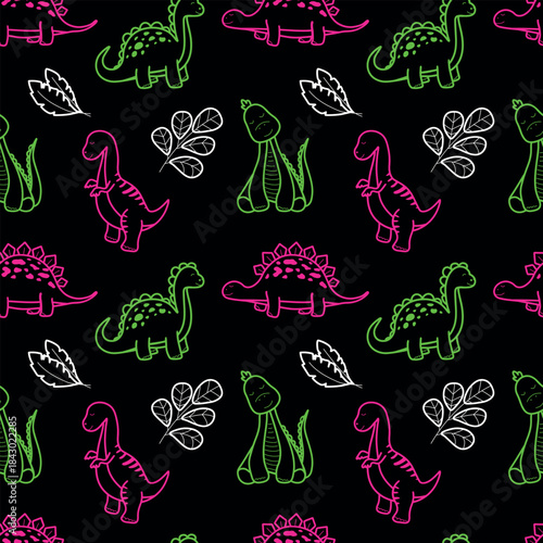 Seamless Pattern of Neon Dinosaurs and Jungle Elements
