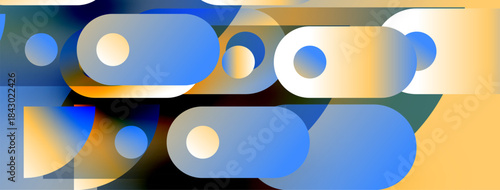 Abstract composition featuring overlapping shapes, circles, rectangles. Blue, yellow hues dominate design. Modern, minimalist aesthetic.