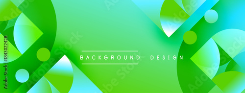 Abstract green background features overlapping shapes, gradients, vibrant colors. Modern design element for digital projects.