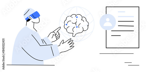 AI development, neuroscience, virtual reality, brain mapping, tech innovation, information processing. Person using VR headset pointing at a brain hologram. AI development and neuroscience concept