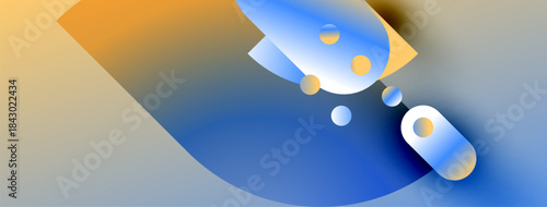 Abstract shapes blend vibrant colors. Blue, orange, yellow gradients create dynamic composition. Smooth forms suggest movement, depth.