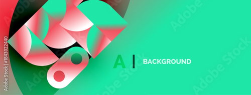 Abstract geometric shapes blend vibrant colors. Gradient teal dominates, accented by pinks, reds. Modern design suggests technology, innovation.