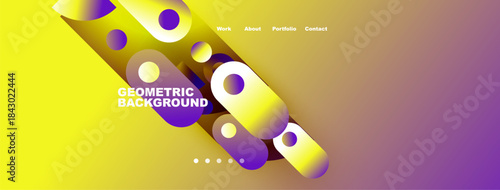 Bright geometric background features colorful circles, gradients. Text displays Geometric Background, navigation options present.