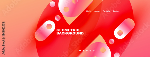 Abstract geometric shapes, vibrant pinks, gradients dominate design. Navigation menu present, text reads geometric background. Modern, clean aesthetic.