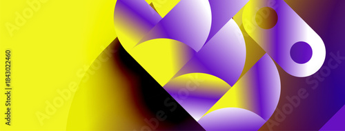 Abstract composition featuring vibrant yellow, purple hues. Overlapping shapes create dynamic visual interest, modern aesthetic.