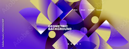 Abstract geometric background features vibrant purple, gold hues. Text reads Geometric Background with navigation options above. Modern design elements present.