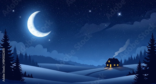 winter landscape with deer and moon