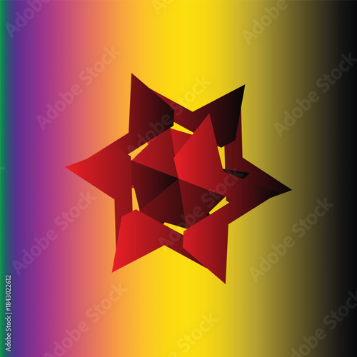 Captivating abstract 3D geometric star shape, rendered in deep red and maroon tones, centered against a bold and vibrant colorful gradient background.