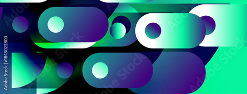 Abstract composition featuring overlapping shapes, vibrant blues, greens. Modern design with gradient effects, dynamic visual elements.