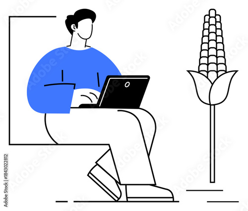 Man seated with a laptop next to a corn plant. Ideal for agriculture, technology, innovation, farming, sustainability, remote work, productivity. Highlights eco-consciousness through simple flat