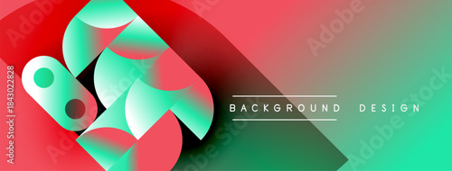 Abstract shapes blend vibrant red, turquoise hues. Gradient background creates dynamic visual effect. Modern design element.