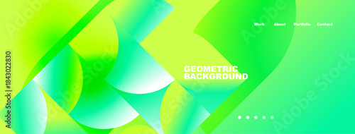 Abstract vibrant design. Overlapping shapes create dynamic visual effect. Text elements present work, about, portfolio, contact.