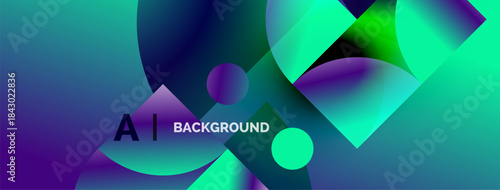 Abstract vibrant background. Overlapping circles, squares create dynamic composition. Text reads AI BACKGROUND. Gradient colors dominate scene.
