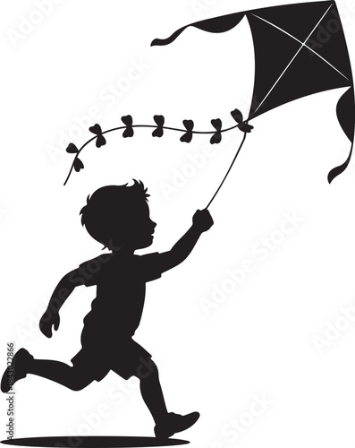 Boy Running With Kite Silhouette – Outdoor Play Vector Illustration