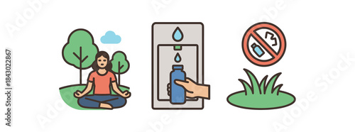 Flat vector illustration of breathe easy park event: yoga park water refill station and litterfree grass rounded shapes clean outline clean white background