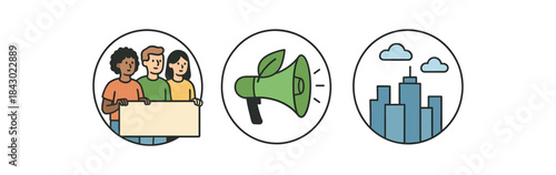 Community, eco megaphone and smart city circle icon set. Social activism, green environment, urban technology symbol. Outline colored vector illustration.