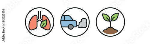 Flat vector illustration of clean air icon trio: lungs with leaf exhaust fading and tree sapling isolated on clean white background rounded shapes clean outline