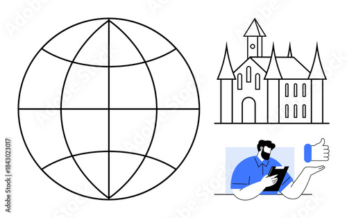 Global communication, heritage tourism, online education, social interaction, digital media, networking. A globe, a castle and a person using a tablet with a thumbs-up icon. Global communication