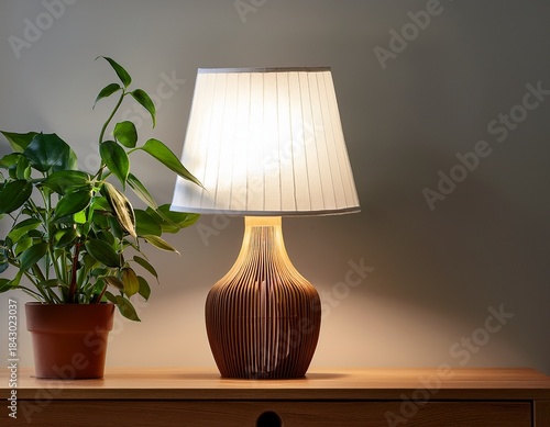 lit lamp on wooden base with plant indoors during daytime