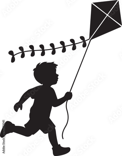 Child Running With Kite Silhouette – Flying Kite Minimal Vector Art
