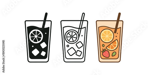 Flat vector illustration cold drink glasses lemonade iced tea and fruit water with slices soft rounded shapes clean outline one black and white flat version one outline version one color