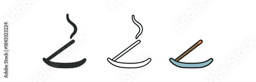 mindfulness icons one flat solid monochrome one thin black outline black and white one full color flat icon incense stick with rising smoke