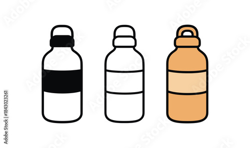 Flat vector illustration water bottles reusable designs with simple bands soft rounded silhouettes clean outline one black and white flat version one outline version one color version cozy