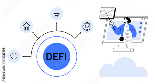 Decentralized finance DEFI innovations. DEFI connected symbols for financial operations and blockchain integration. DEFI advancing modern fintech solutions. Perfect for tech, finance, blockchain