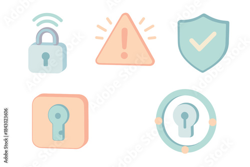 Home Security Icons. Isometric vector illustration set Home security visuals: wireless lock, flashing alert triangle, verified