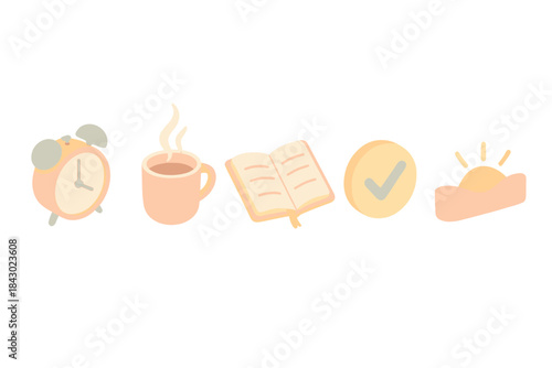 Gentle Morning Rituals. Isometric vector illustration set Gentle daily ritual: alarm clock, hot drink vapor, opened journal,