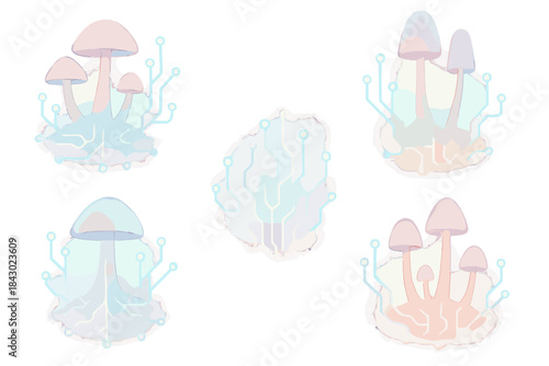 Fungal Circuitry Artistry. Isometric vector illustration set Fungal circuitry synthesis: watercolor resist textures, delicate