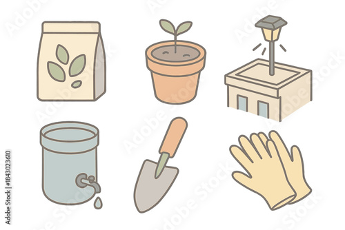 Rooftop Garden Essentials. Isometric vector illustration set Rooftop gardening essentials: labeled seed pack, planted pot, solar