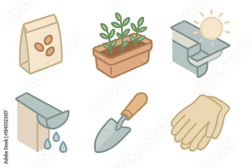 Urban Gardening Tools. Isometric vector illustration set Urban gardening tools: seed envelope, balcony plant pot, rooftop sunlight