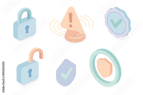 Pastel Security Icons. Isometric vector illustration set System defense indicators: digital lock, glowing alert wave, safety