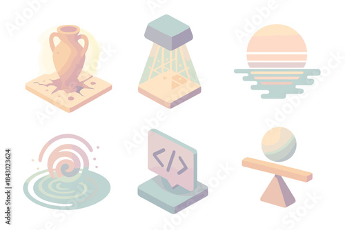 Temporal Excavation Icons. Isometric vector illustration set Temporal excavation icons: relic emergence, scanning beam lattice,
