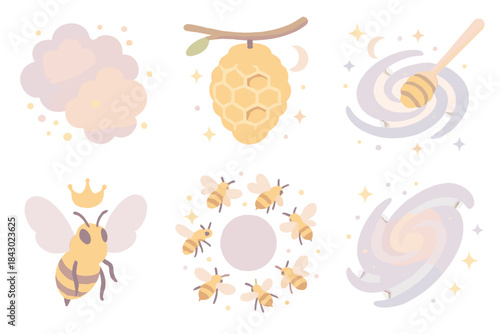 Astral Honeycraft Icons. Isometric vector illustration set Astral honeycraft visuals: pollen nebula clusters, moonlit honeycomb
