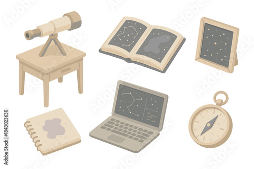 Cosmic Study Workspace. Isometric vector illustration set of cosmic study workspace: desk with telescope model, open celestial